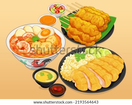 Laksa singapore noodles food menu close up illustration vector. Thai Pork satay with spices and peanut sauce recipe. Asian food hainanese chicken rice on black plate.
Famous singapore foods set.