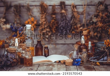 Medicinal herbs and tinctures homeopathy. Selective focus. Nature.