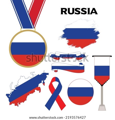 Elements Collection With The Flag of Russia Design Template. Russia Flag, Ribbons, Medal, Map, Grunge Texture and Button. Vector Illustration
