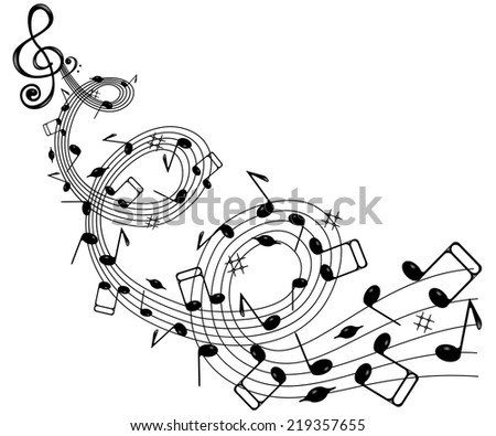 On a white background wave of notes and treble clef .