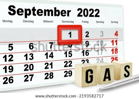German calendar 2022 September 1 and symbolic Gas on wooden cubes 