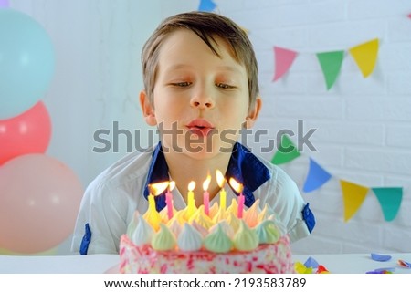 the boy blows out the candles on the birthday cake. The child looks at the cake. Royalty-Free Stock Photo #2193583789