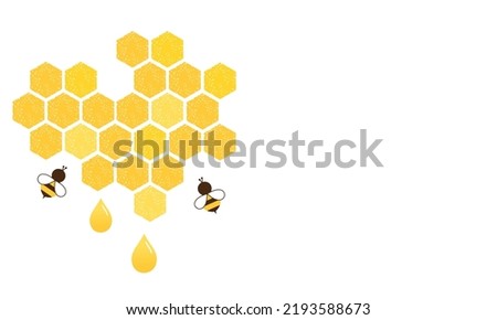 Beehive honeycomb, bee cartoons and drops isolated on white background vector illustration. 