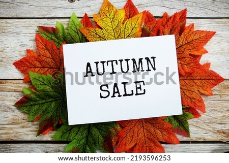 Autumn Sale text message with maple leaves on wooden background