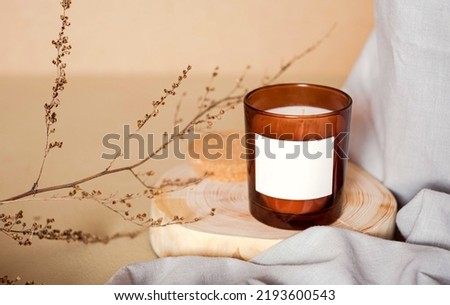 Meditation space with candle. Burning candle on wooden coaster. Warm aesthetic composition with dry boho branch and grey fabric. Home comfort, spa, relax and wellness concept. Royalty-Free Stock Photo #2193600543