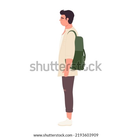 Side view of standing male student. Teenager boy with school backpack vector illustration