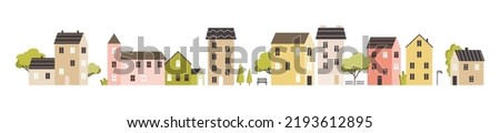 Architecture of city street in minimalist style. Cozy houses facade. Urban landscape. Town in scandi style. Flat vector illustration isolated on white background.