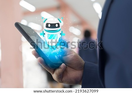 Businessman on blurred background using digital chatbot robot application 3d rendering. Ai technologies. businessman using digital chatbot robot application on smartphone