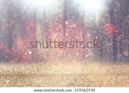 blurred abstract photo of light burst among trees and glitter bokeh