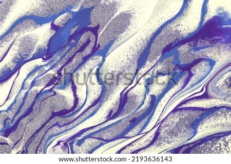 Abstract fluid art background silver, white and blue colors. Liquid marble. Acrylic painting on canvas with violet shiny lines and gradient. Ink backdrop with waves pattern. Royalty-Free Stock Photo #2193636143