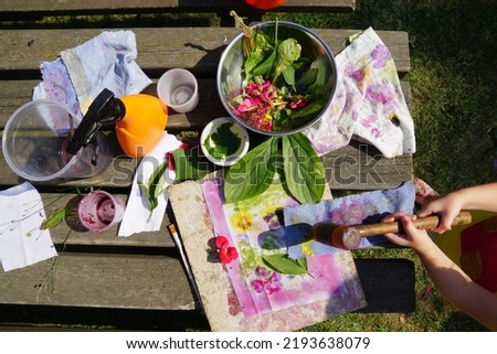 Girl Hands And Botanical Printing Equipment. Creative Workshop With Natural Materials. Old Japanese Printing Technology "Flower Pounding" Or "Tataki Zomé". Japanese - たたき染め.  Royalty-Free Stock Photo #2193638079