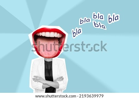 Young business woman headed by wide open mouth shows tongue with text bla bla on blue color background. Trendy collage in magazine style. Contemporary art. Modern design. Gossip girl, rumors, chatter Royalty-Free Stock Photo #2193639979
