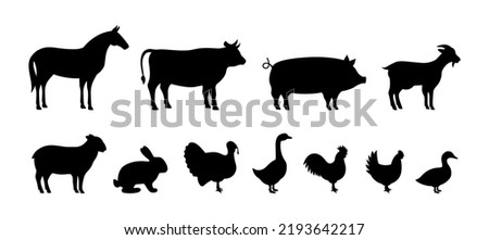 Set of Farm animal silhouettes. Pig, Horse, Turkey, Goat, Sheep, Chicken, Rooster, Duck, Rabbit, Goose, Cow black silhouettes. Farm animals icons set Royalty-Free Stock Photo #2193642217
