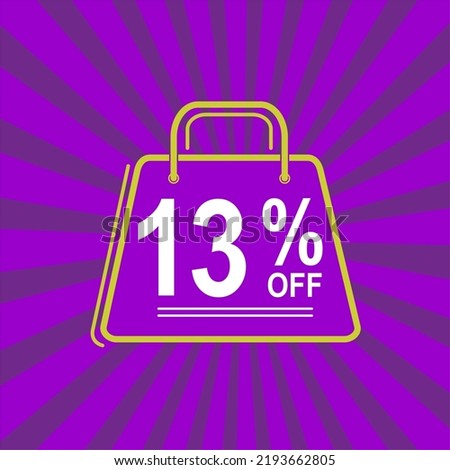 13% off. Purple, white and yellow banner with thirteen percent discount. Shopping bag concept vector.