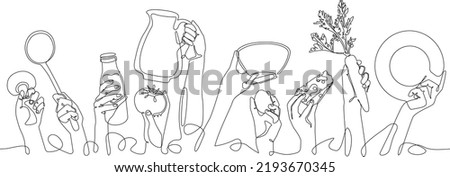 Cooking pattern. Background  with people holding different utensils and food.  Continuous line drawing style. Vector illustration.