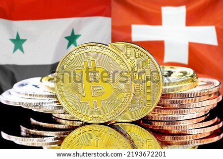 Bitcoins on flag Syria and Switzerland background. Concept for investors in cryptocurrency and Blockchain technology in Syria and Switzerland