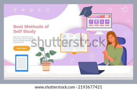 Best methods of self study landing page template. Online lecturing. Distance learning opportunities, self education, internet courses. E learning technologies. Woman watching video tutorial