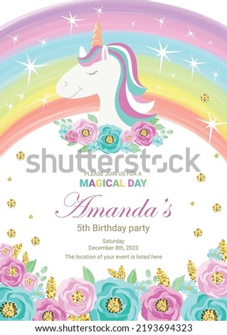 Birthday party invitation with beautiful unicorn surrounded with glitter and flowers. Template vector illustration on pink background. Release clipping mask for full size objects.