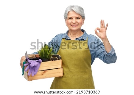 gardening, farming and old people concept - portrait of smiling senior woman in green garden apron holding wooden box with garden tools over white background and showing ok gesture