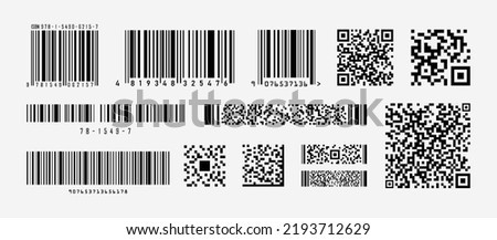 Beautiful QR code and Barcode, isolated on white background. Square and Rectangular sign. Code qr for identification product in shop. Template signs. Industrial Barcode isolated vector set.