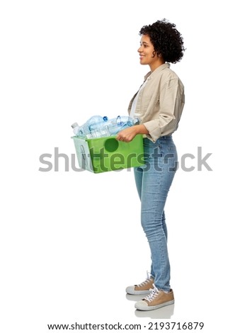 recycling, waste sorting and sustainability concept - smiling woman holding box with plastic bottles over white background