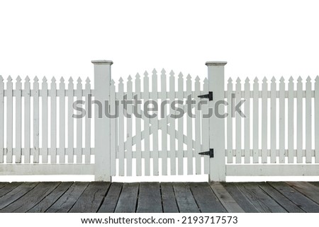 Old white picket fence with gate and wood sidewalk isolated on white background Royalty-Free Stock Photo #2193717573