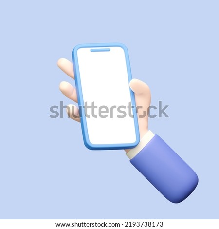3D icon Hand holding mobile phone with blank screen on blue background with Clipping path. 3D Rendering