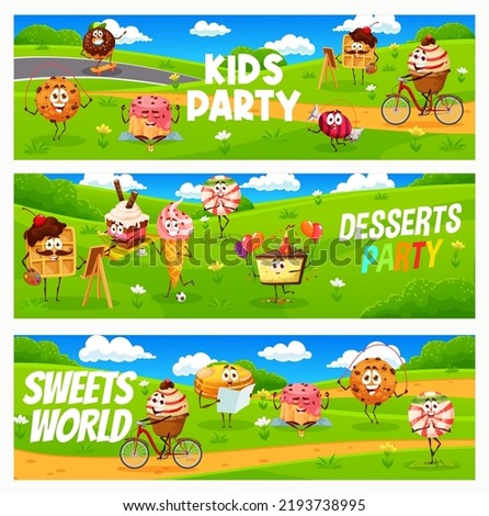 Kids party. Cartoon desserts, sweets and cake characters on meadow. Cookie, sweet pie and donut, candy, waffle and cupcake, ice cream, pancake cheerful personages resting, having fun on summer