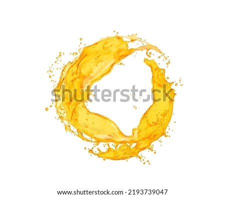 Orange juice splash. Vector fresh drink liquid swirl, transparent yellow round wave with splatters. Flow with drops, isolated splashing dynamic motion with spray droplets. Realistic 3d orange juice Royalty-Free Stock Photo #2193739047