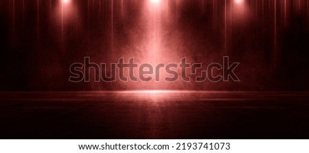 A dark empty street, dark red background, an empty dark scene, neon light, spotlights The asphalt floor and studio room with smoke float up the interior texture. night view