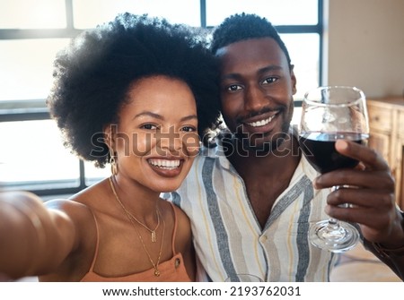 Couple selfie for social media to celebrate with wine glass, champagne and alcohol drinks for happy relationship on date together in a cafe restaurant. Portrait of love, relax and smile black people