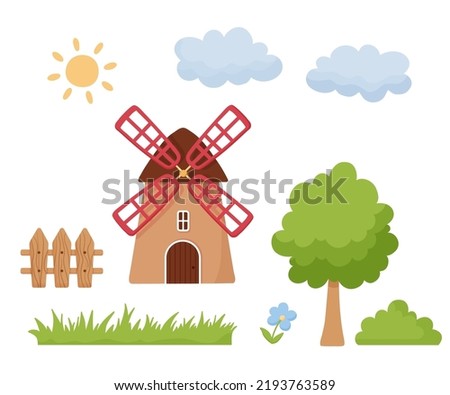 Vector cartoon windmill, fence, tree and grass isolated on white background. Flat cute mill illustration. Rural netherlands building Royalty-Free Stock Photo #2193763589