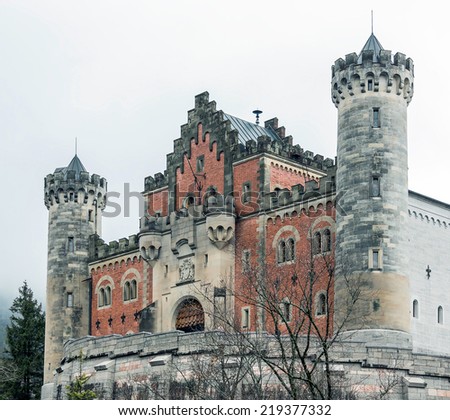The facade of the Neuschwanstein castle in the Bavaria Alps from the bridge - Tirol, Germany