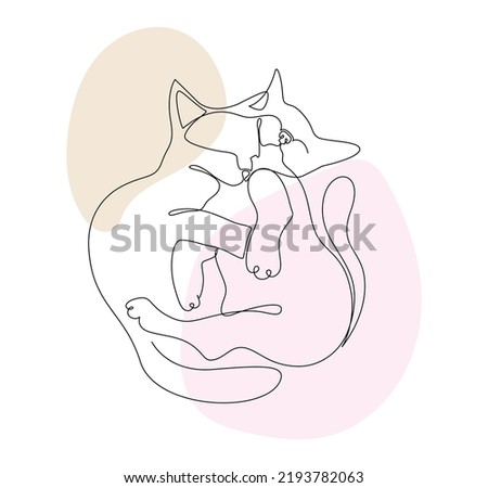 One single line depicting two hugging kittens. Printing, textiles, fashion, accessories, media, postcard, packaging. One line draws a graphic design. Illustration in the style of minimalism, monoline.