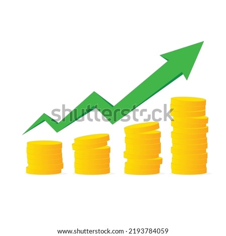 Business Investment Gold or Money Profit With  Growth Arrow Clip Art Vector Green Colored Isolated On White Background. 
Template Flat Icon Style For Web, Apps, Or Business EPS10 Editable.