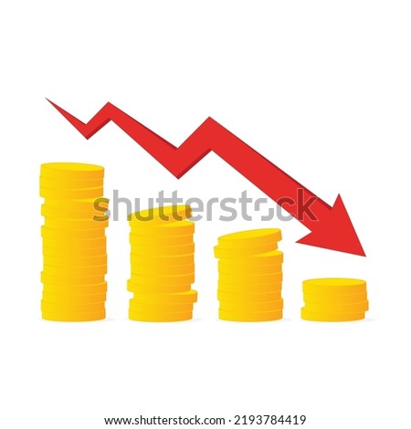 Business Investment Gold or Money Loss With Decrease Arrow Clip Art Vector Red Colored Isolated On White Background. 
Template Flat Icon Style For Web, Apps, Or Business EPS10 Editable.