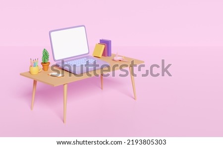 3d desk in office with laptop computer on table, textbook, book, coffee cup, plane isolated on pink background. 3d render illustration, clipping path