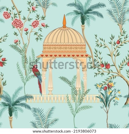 Traditional Mughal garden. arch, parrot seamless pattern vector for wallpaper background Royalty-Free Stock Photo #2193806073