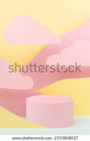 Fantasy cartoon abstract scene mockup - round pink podium, mountain landscape pink, yellow, mint color, clouds, vertical. Template showroom for advertising, presentation cosmetic, goods, advertising.