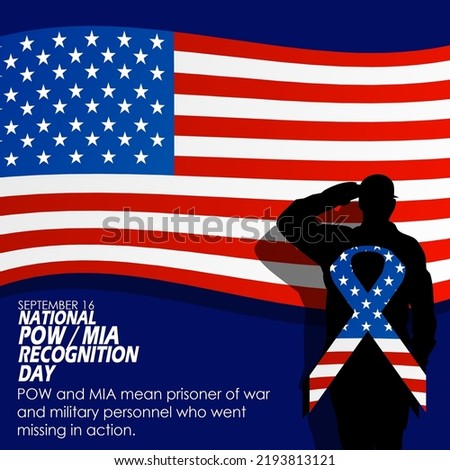 American flag and silhouette of a person saluting flag with ribbon decorated with American flag and bold text on dark blue background to commemorate National POW MIA Recognition Day on September 16