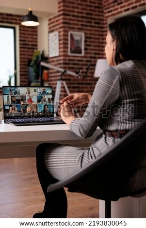 Business people attending videocall conference online on laptop with webcam, talking on remote teleconference call. Using virtual videoconference meeting on web app, telecommunications. Royalty-Free Stock Photo #2193830045