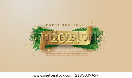 Happy New Year 2023 on ribbons and confetti background. Royalty-Free Stock Photo #2193839459