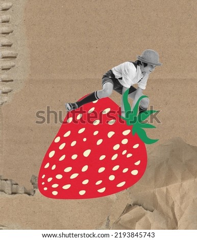 Conceptual art collage with cute school age boy jumping over huge drawn strawberry isolated on grey old paper effect background. Childhood, education, back to school concept. Copy space for ad.