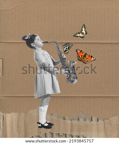 Music. Conceptual art collage with cute little girl playing saxophone isolated on grey background. Childhood, education, studying, back to school concept. Copy space for ad.