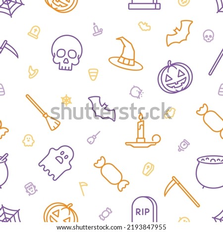 Seamless orange and purple outline icons of Halloween related things