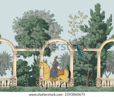 Traditional Indian Mughal emperor with landscape, arch, peacock, plant and palace vector illustration for wallpaper. Company art. East Indian painting. seamless pattern Royalty-Free Stock Photo #2193860675