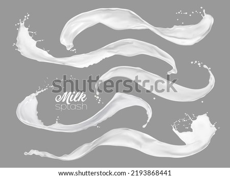 Milk, yogurt or cream white wave splashes, isolated dairy milky flow swirls with splatters. Realistic vector fluids, liquid stream with drops, fresh food, calcium product 3d splashes