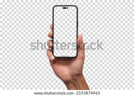 Hand hold Phone 14 on transparent, Smartphone mockup frame less blank screen, 3d isolated cell phone Template for infographics or presentation UI 