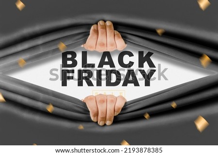 Human hand opening black curtain with Black Friday sale text on a white background. Black Friday concept