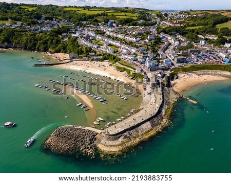 Aerial view of boats in the harbour at low tide in the Welsh seaside resort of New Quay (Ceredigion) Royalty-Free Stock Photo #2193883755